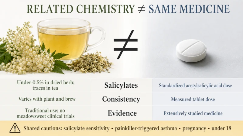 Comparison graphic showing that meadowsweet plant tea contains only trace brewed salicylates and is not equivalent to a standardized aspirin tablet.