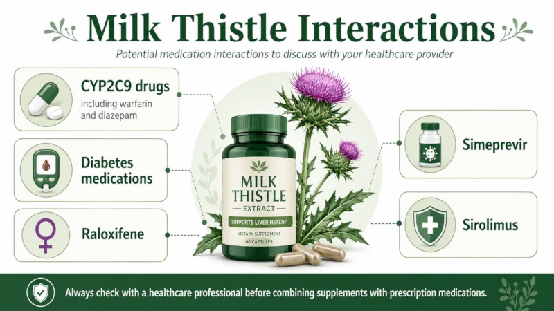 Milk thistle interactions: CYP2C9 drugs including warfarin and diazepam, diabetes medications, raloxifene, simeprevir, sirolimus.