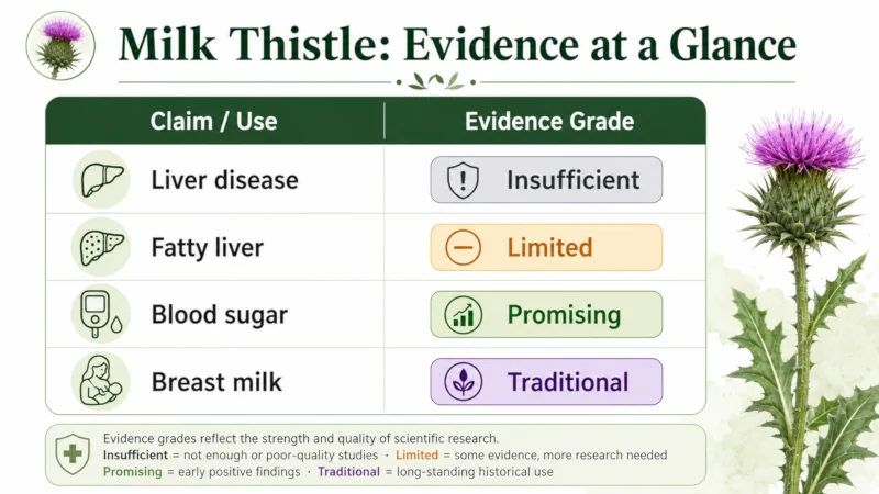 Chart grading milk thistle evidence: liver disease insufficient, fatty liver limited, blood sugar promising, breast milk traditional.