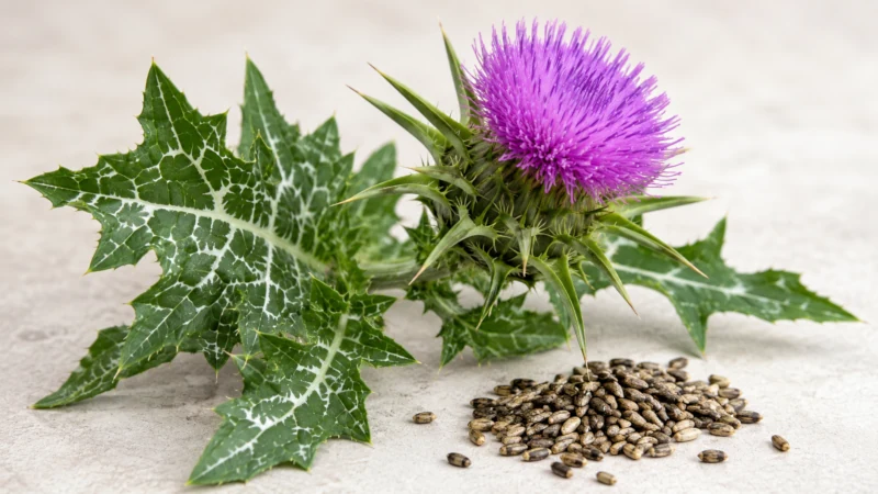 Milk thistle plant with purple flower head and a small pile of seeds.