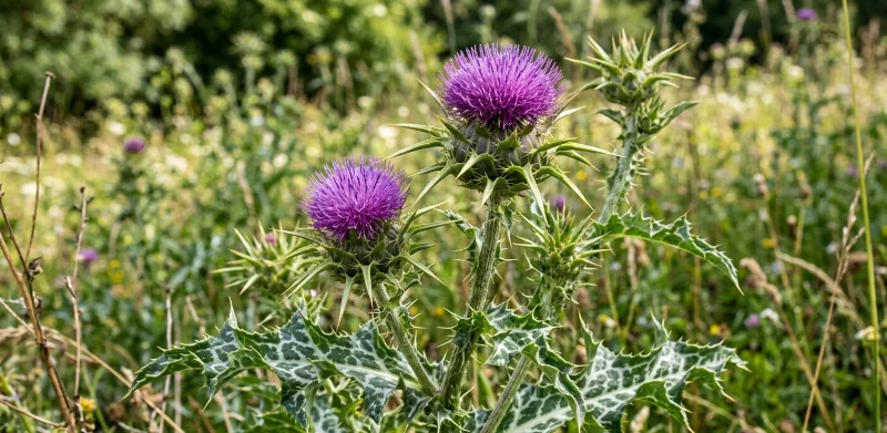 Purple flowering heads and spiny variegated leaves of the milk thistle plant.
