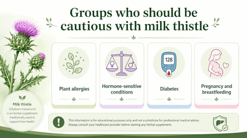 Groups who should be cautious with milk thistle: plant allergies, hormone-sensitive conditions, diabetes, pregnancy and breastfeeding.