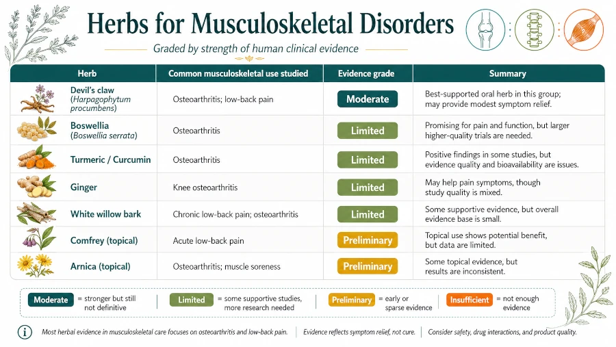 Chart grading herbs for musculoskeletal disorders by strength of evidence.