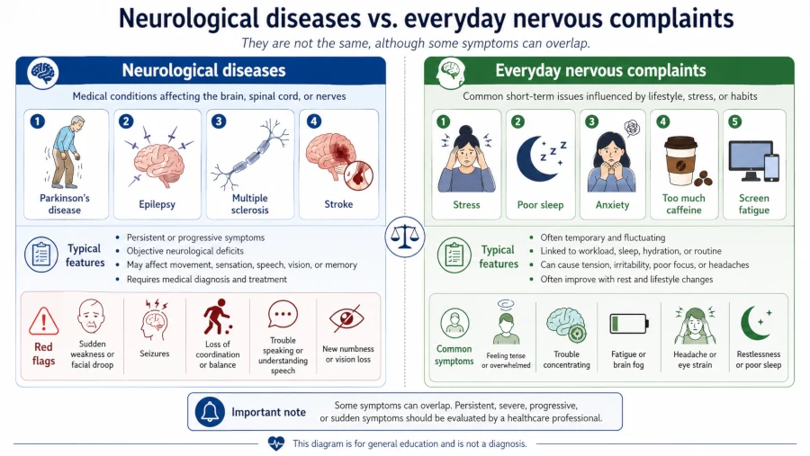Diagram contrasting nervous system disorders with everyday nervous complaints like stress and poor sleep.