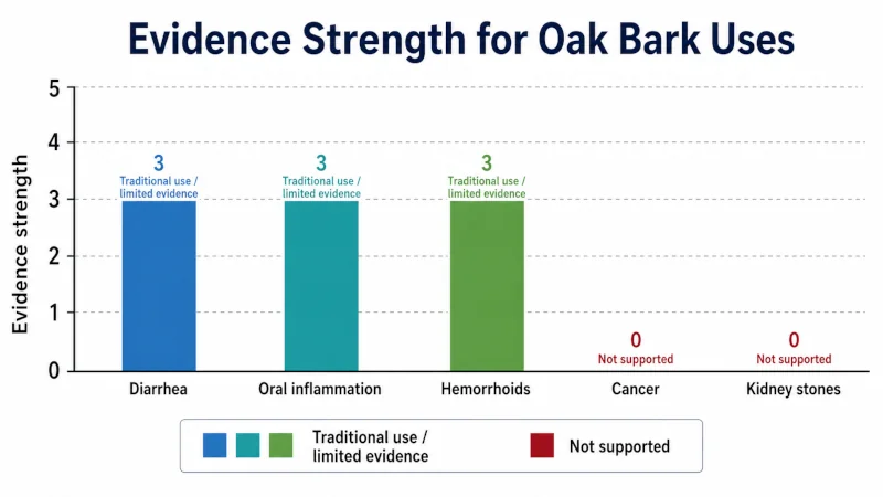 Bar chart comparing evidence strength for oak bark uses: traditional use for diarrhea, oral inflammation, hemorrhoids; not supported for cancer and kidney stones.