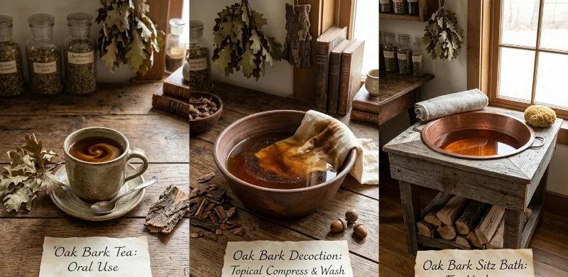 Three traditional oak bark preparations side by side: a cup of oral oak bark tea, a basin of topical decoction, and a sitz bath setup.