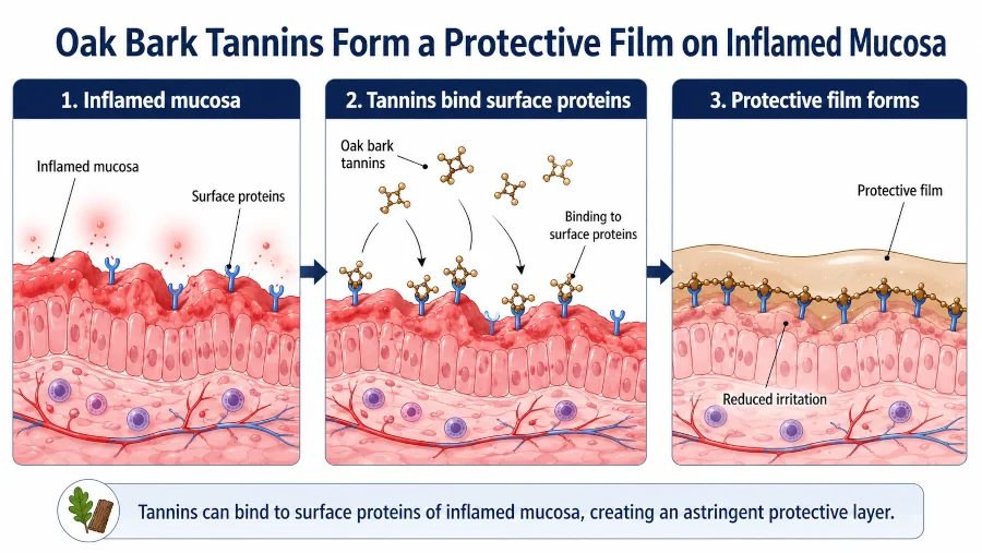 Educational diagram of tannins from oak bark binding to surface proteins of inflamed mucosa and forming a protective film.