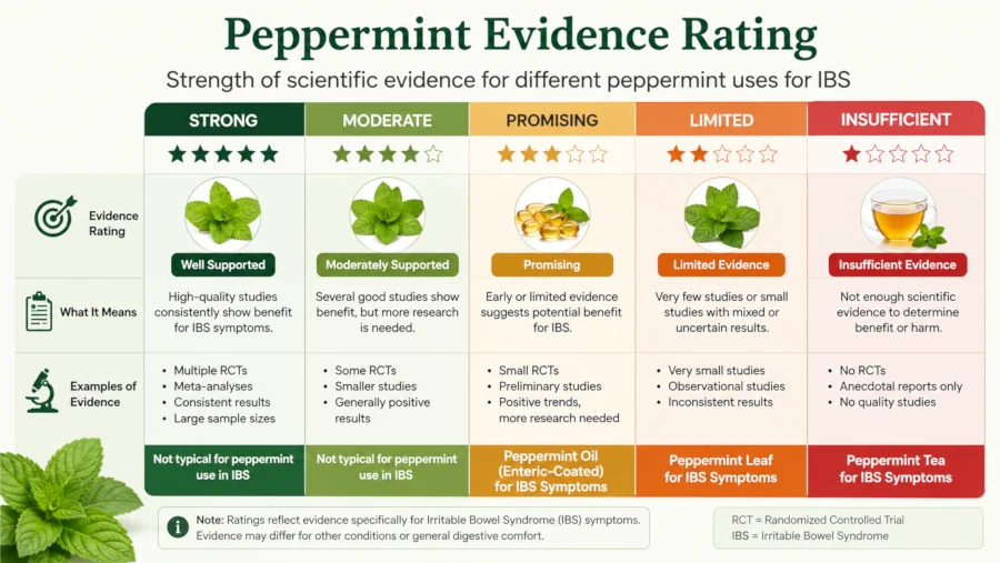 Chart rating peppermint benefits evidence from promising for IBS to insufficient for tea.