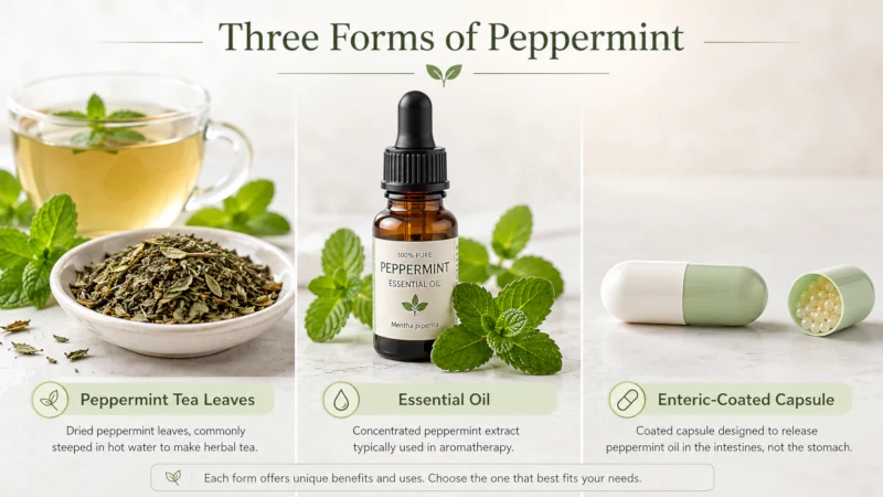 Comparison of peppermint tea leaves, essential oil bottle, and enteric-coated capsule.