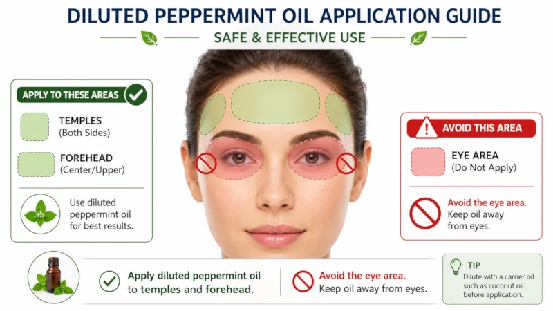 Diagram showing diluted peppermint oil applied to temples and forehead, away from eyes.