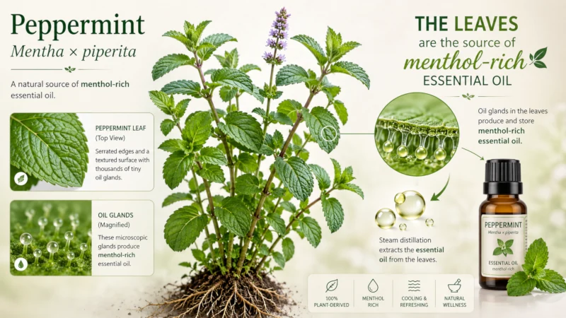 Peppermint plant with leaves, showing where menthol-rich essential oil comes from.