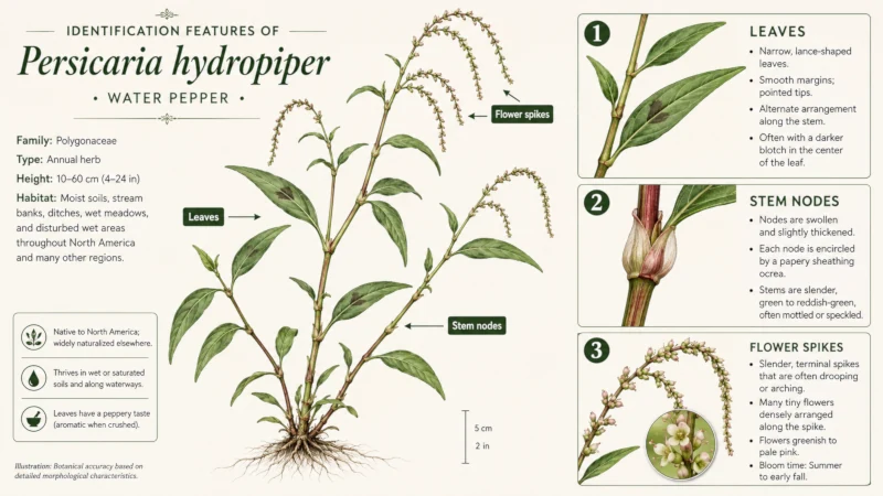Identification features of Persicaria hydropiper including leaves, stem nodes, and flower spikes