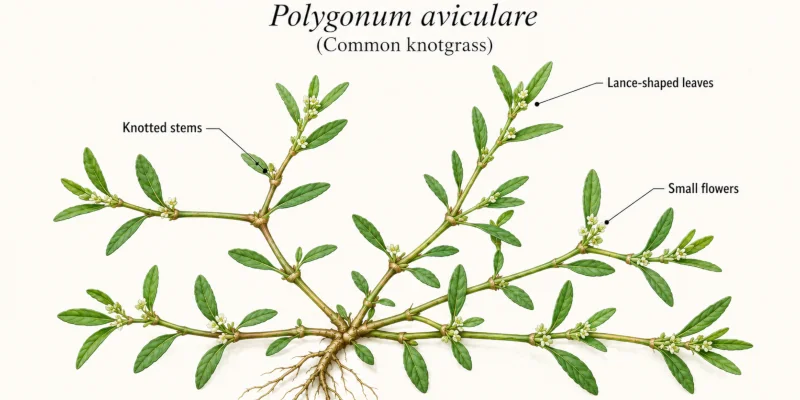 Labeled illustration of Polygonum aviculare showing knotted stems, lance-shaped leaves, and small flowers.