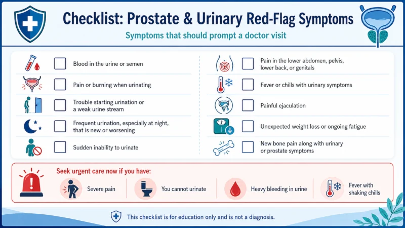Checklist of prostate and urinary red-flag symptoms that require a doctor.