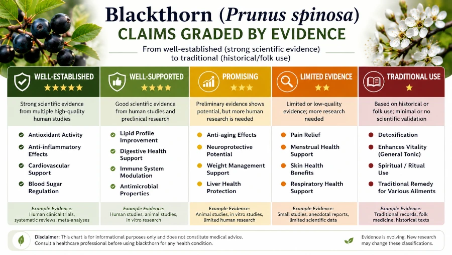 Chart grading blackthorn claims from well-established to traditional