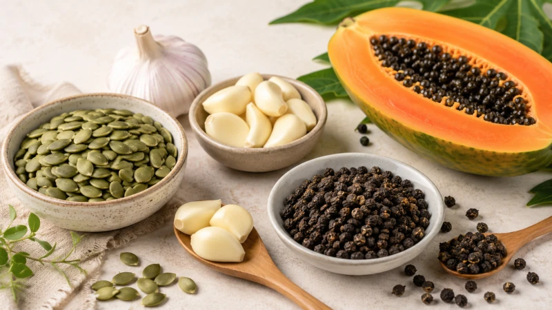 Pumpkin seeds, garlic cloves, and papaya seeds, gentler food-grade options.