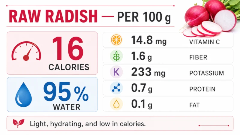 Chart of raw radish plant nutrition per 100 grams: 16 calories, vitamin C, fiber, potassium.