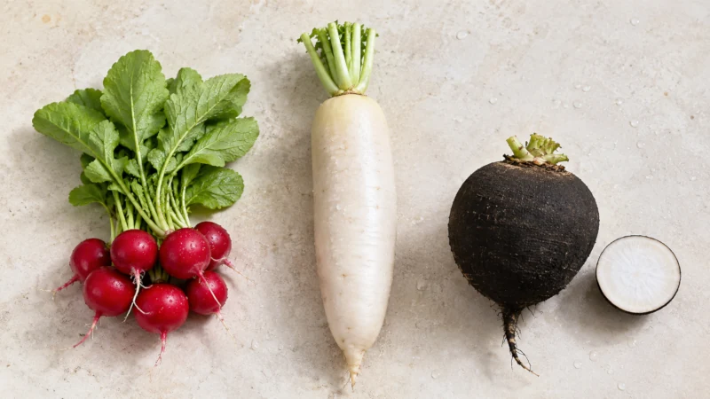Red globe radishes, white daikon, and black radish shown side by side.