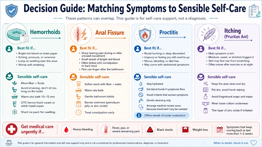 Decision guide matching hemorrhoids, fissure, proctitis, and itching to sensible self-care.