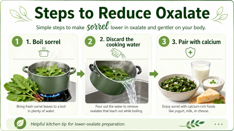 Steps to reduce oxalate: boil sorrel, discard cooking water, pair with calcium.
