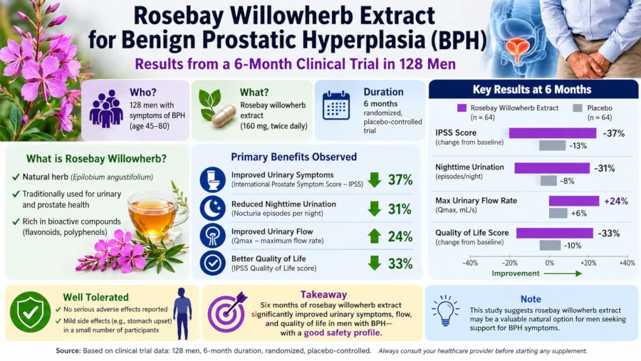 Infographic summarizing a six-month trial of rosebay willowherb extract in 128 men with BPH