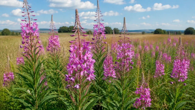 Rosebay willowherb with magenta flowers growing in a summer field