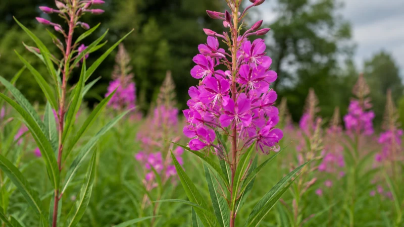 Rosebay willowherb flower spike with narrow willow-shaped leaves