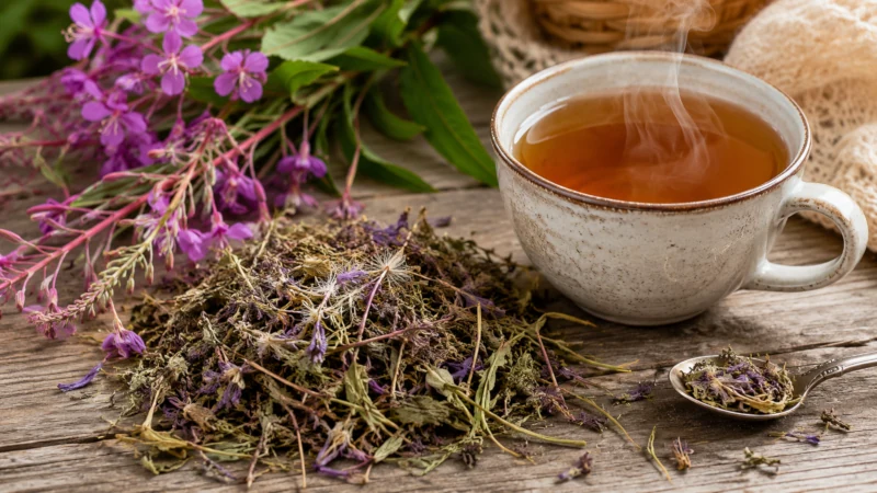 Cut dried rosebay willowherb aerial parts beside a cup of herbal tea