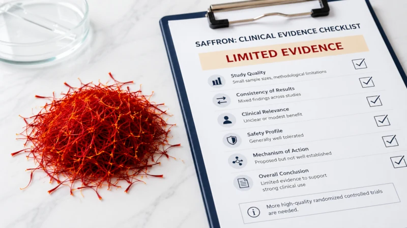 herbs for eye health saffron threads beside a clinical-research checklist labeled limited evidence
