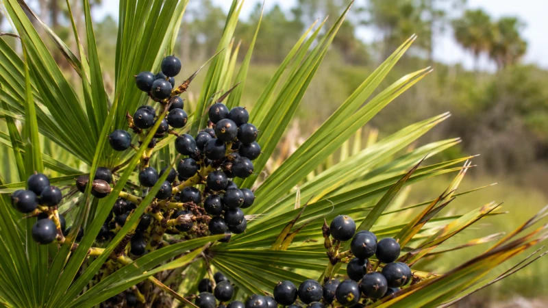 Saw palmetto berries, an herb studied for prostate symptoms.