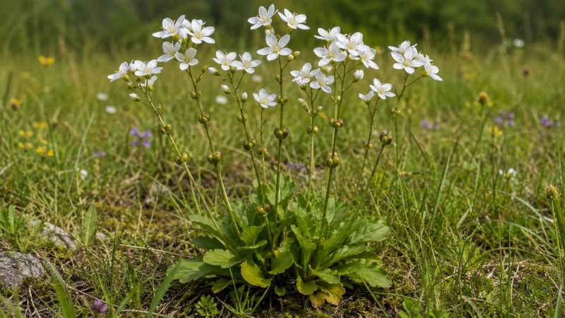 White-flowered meadow saxifrage plant with small bulbils at the base of the stem.