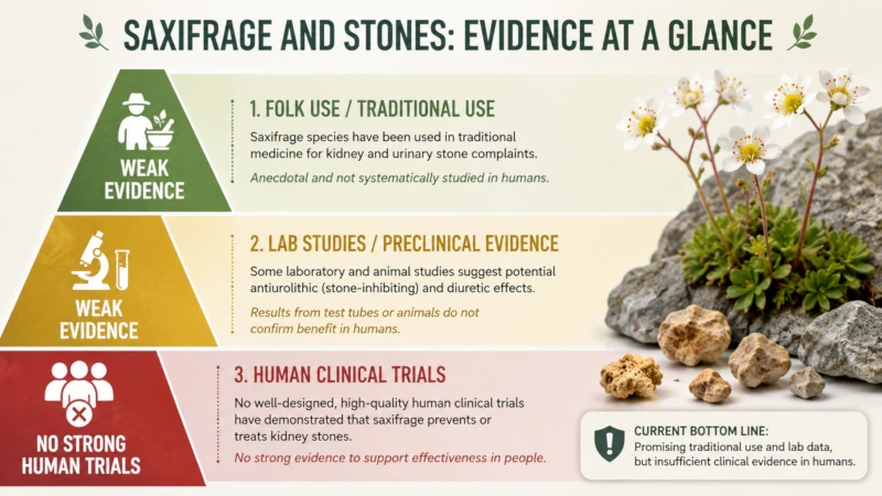 Tiered graphic showing folk use and lab studies as weak evidence and no strong human trials for saxifrage and stones.