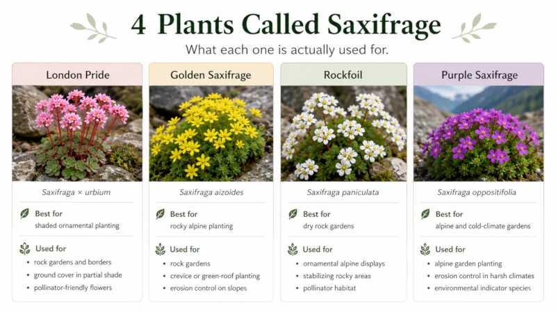 Comparison chart of four plants called saxifrage and what each is actually used for.