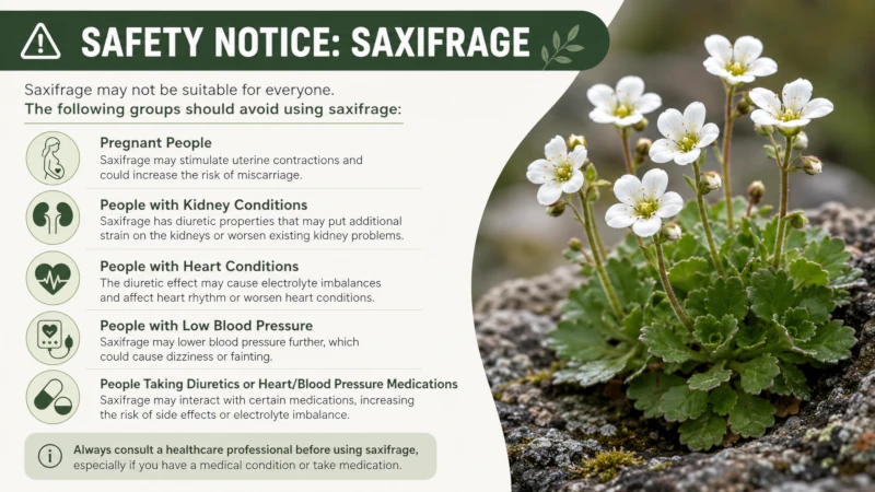 Safety list of groups who should avoid saxifrage, including pregnant people and those with kidney or heart conditions.