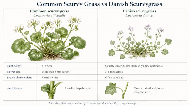 Comparison chart contrasting common scurvy grass and Danish scurvygrass by plant height, flower size, flower colour and how the stem leaves attach