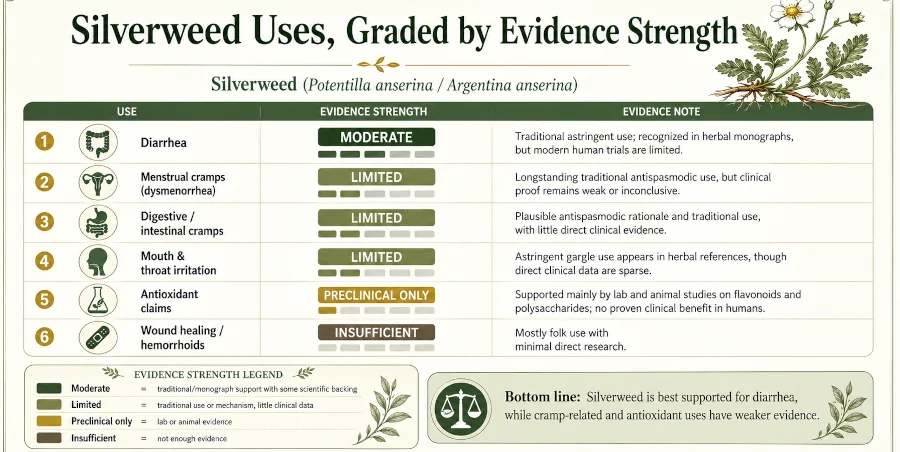 Chart grading silverweed uses by evidence strength, from diarrhea and cramps to antioxidant claims.
