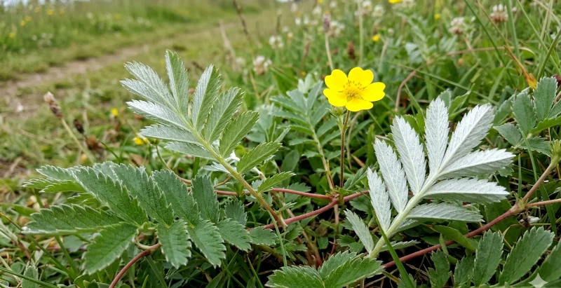 Silverweed plant showing silver-backed fern-like leaves and a five-petalled yellow flower.