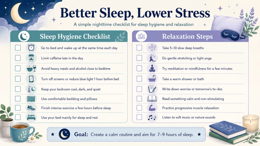 Checklist of sleep-hygiene and relaxation steps for better sleep and lower stress.