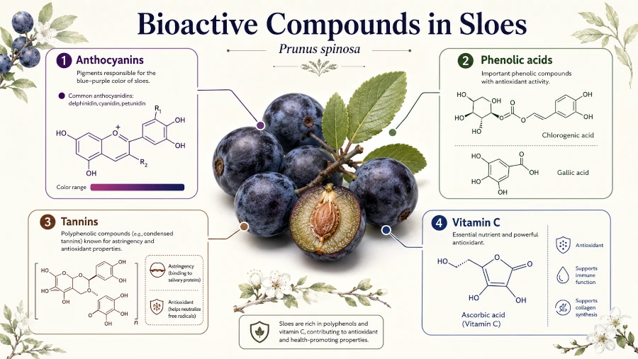 Diagram of anthocyanins, phenolic acids, tannins and vitamin C in sloes