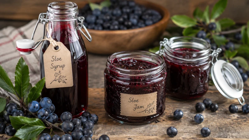 Homemade prunus spinosa syrup and jam in jars beside fresh berries