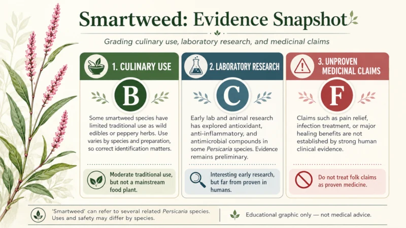 Chart grading culinary use, laboratory research, and unproven medicinal claims for smartweed