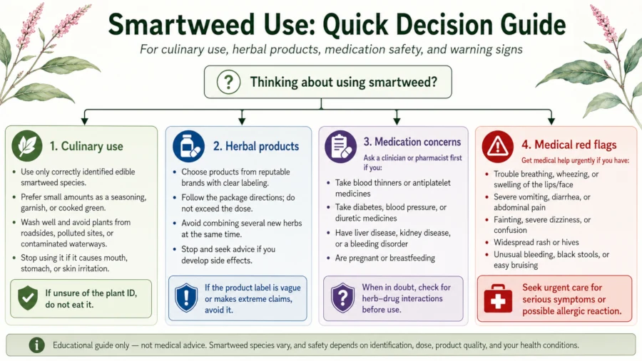 Decision guide for culinary smartweed use, herbal products, medication concerns, and medical red flags