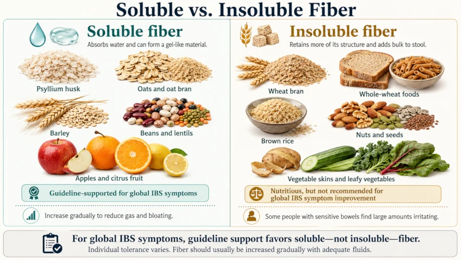 Comparison of soluble fiber foods such as psyllium, oats, barley and beans against insoluble sources such as wheat bran
