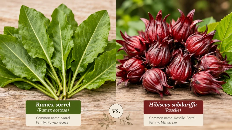 Side-by-side of green Rumex sorrel leaves and red Hibiscus sabdariffa calyces.