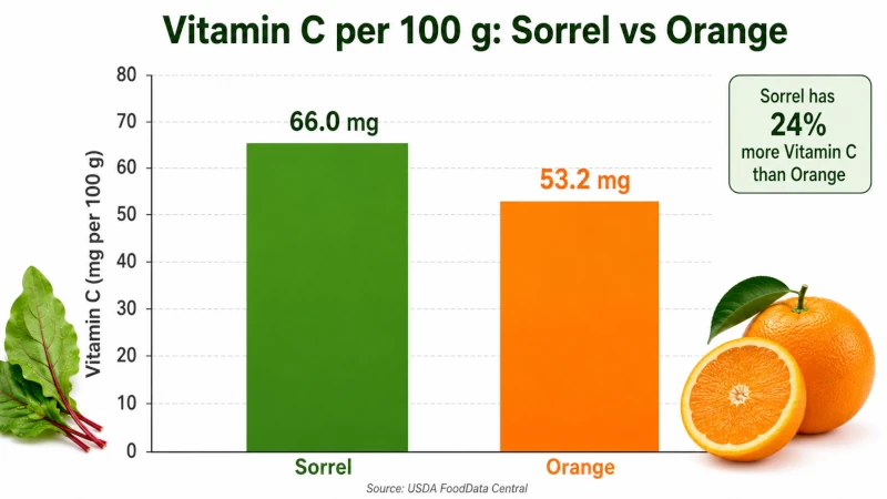 Bar chart comparing sorrel health benefits vitamin C per 100 g in sorrel and orange.