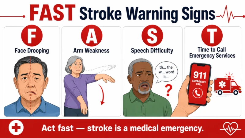FAST stroke warning signs: face drooping, arm weakness, speech difficulty, time to call emergency services.