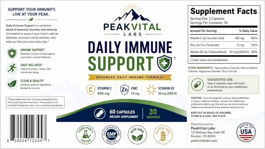 Supplement label showing third-party testing seals and dosage information.