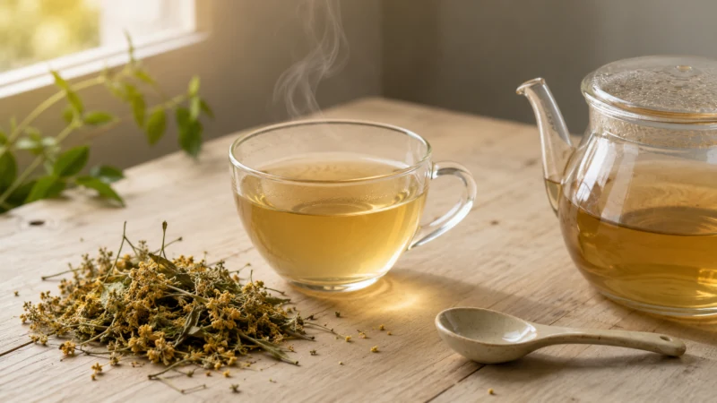 Cup of sweet clover herbal tea with dried yellow melilot flowers beside it