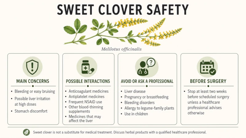 Chart summarizing sweet clover side effects, drug interactions, and who should avoid it.