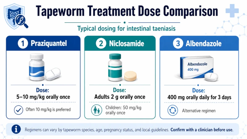 Comparison of praziquantel, niclosamide, and albendazole doses for tapeworm treatment.